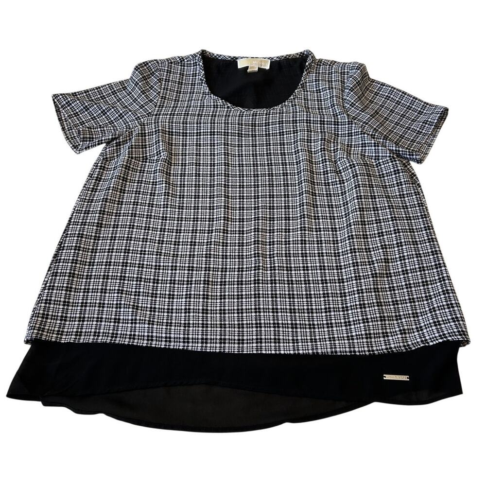Michael Kors Women's Blouse Plaid Layered Look Sz L Black/White Short Sleeve